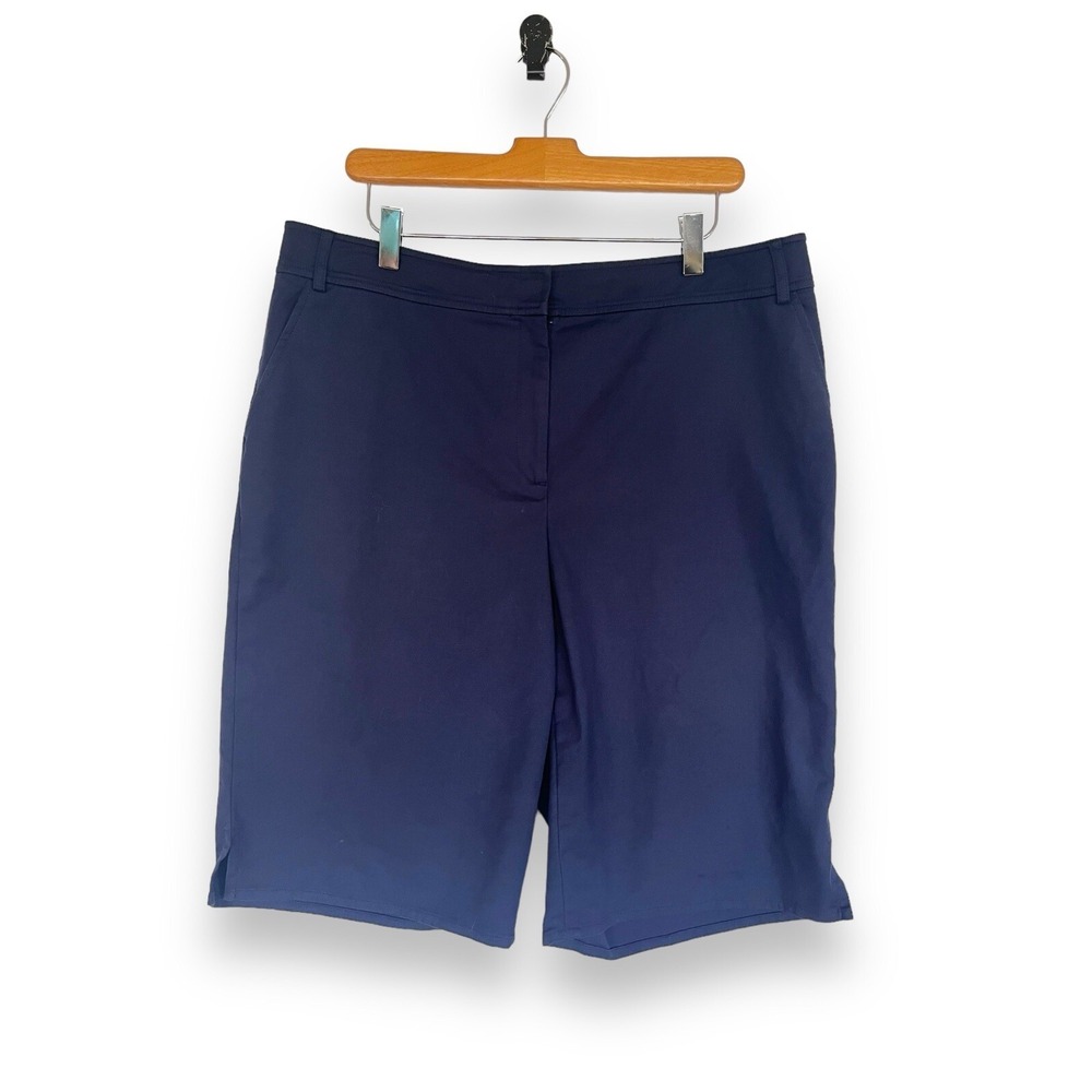 St John Flat Front Shorts Navy Blue Stretch Chino  Casual Bermudas Womens Sz 14